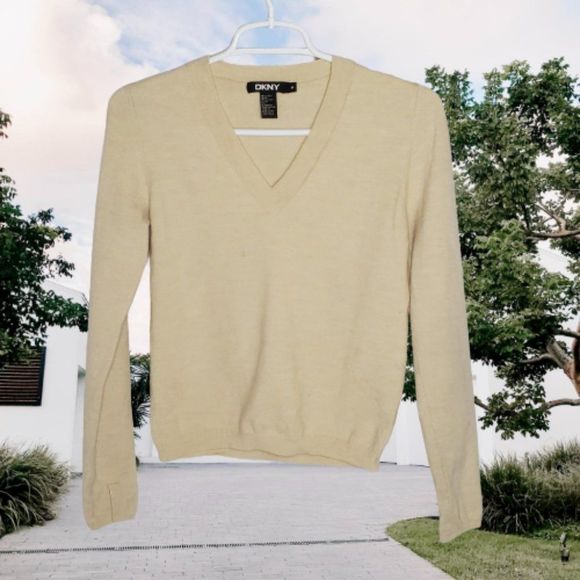 Dkny Sweaters - DKNY  Tan Wool Blend V-Neck Sweater